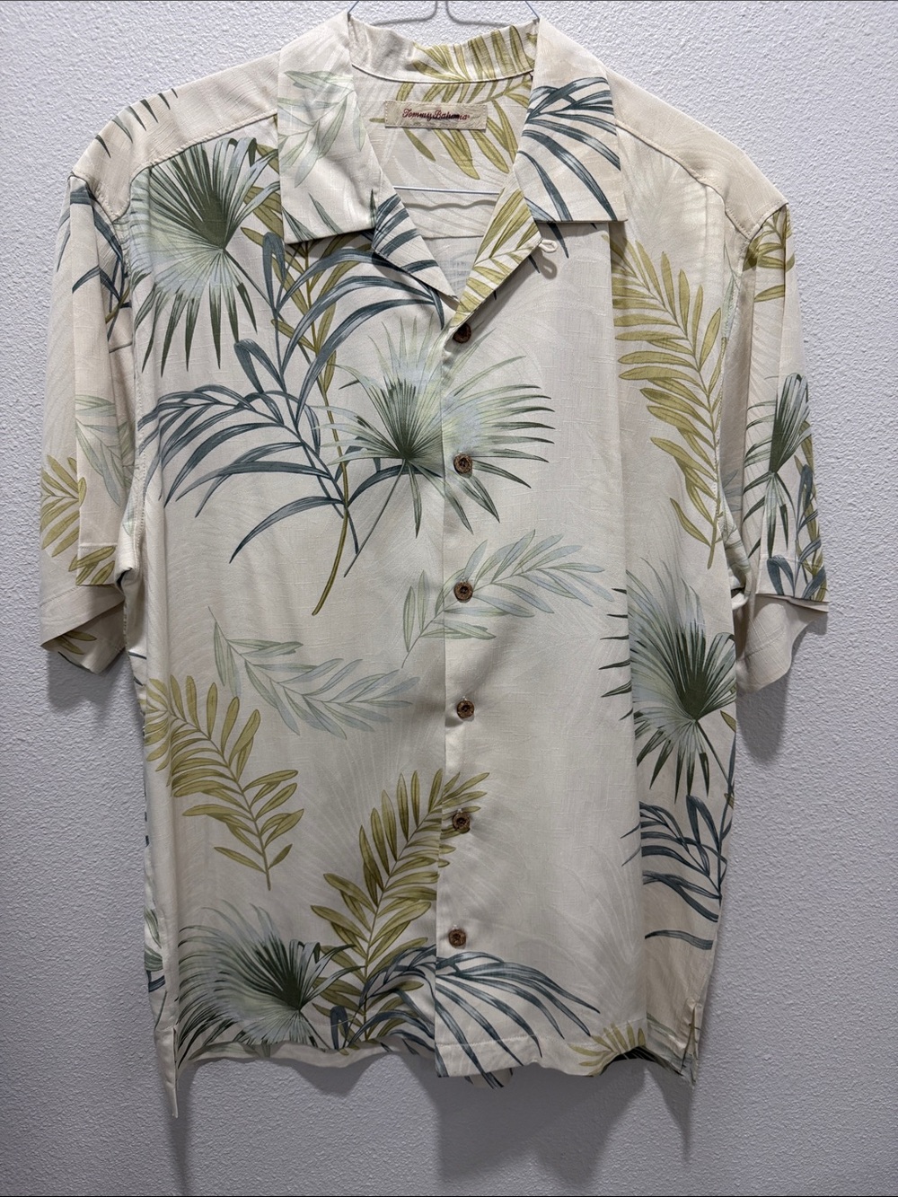 Tommy Bahama Tropical Leaf Button-Up Shirt in Cream with Green & Blue Leaves